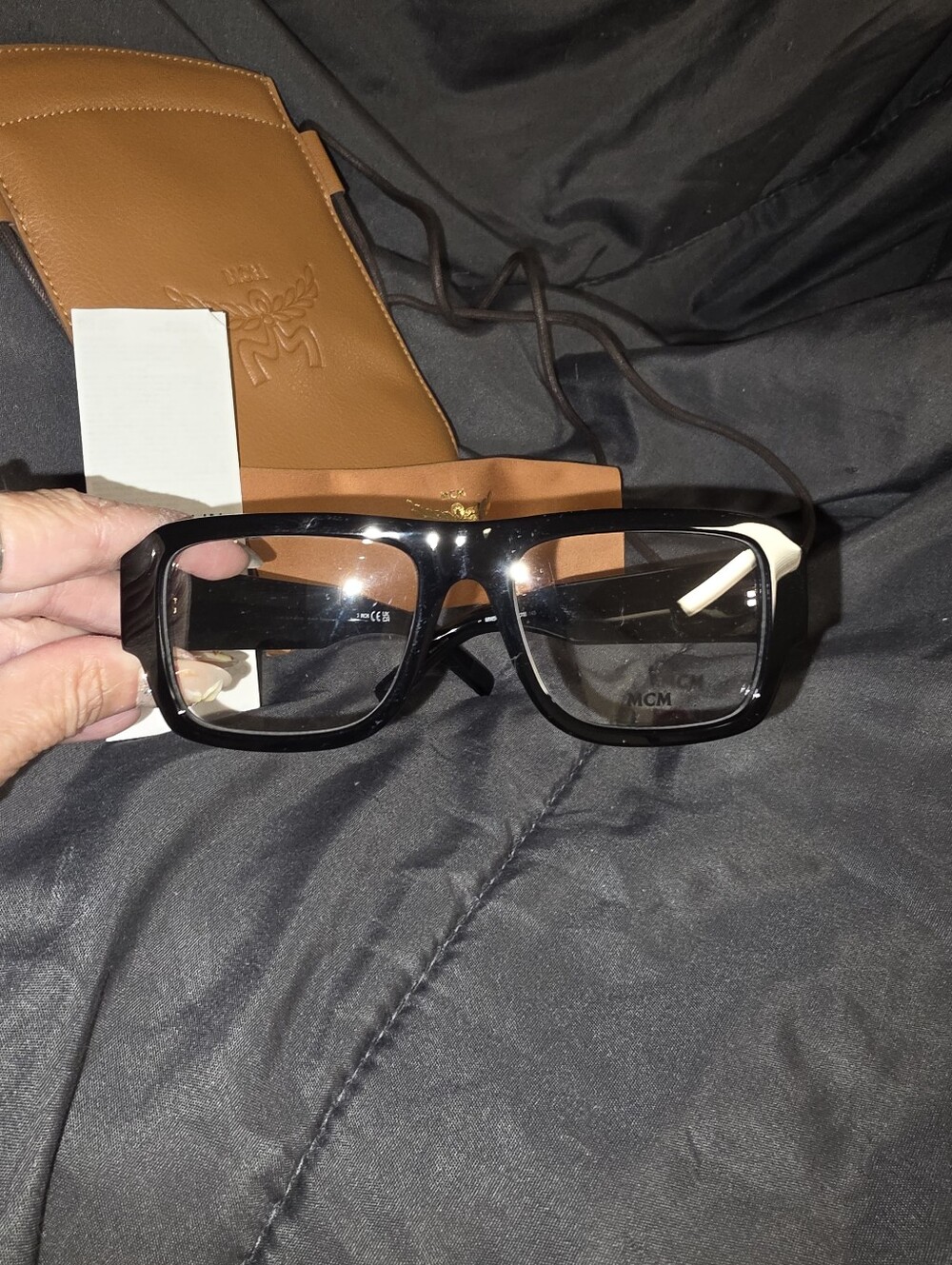 MCM Black Rectangular Men’s Rx Glasses with Goldtone Temple Accents - Picture 2 of 7